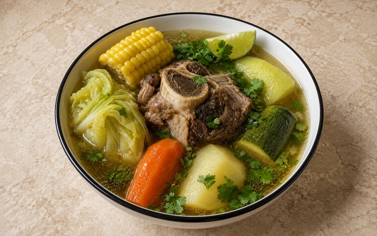 Bowl of caldo de res showing tender beef shank in a clear golden broth with large chunks of corn, potato, carrot, chayote, zucchini, and cabbage, on marble surface