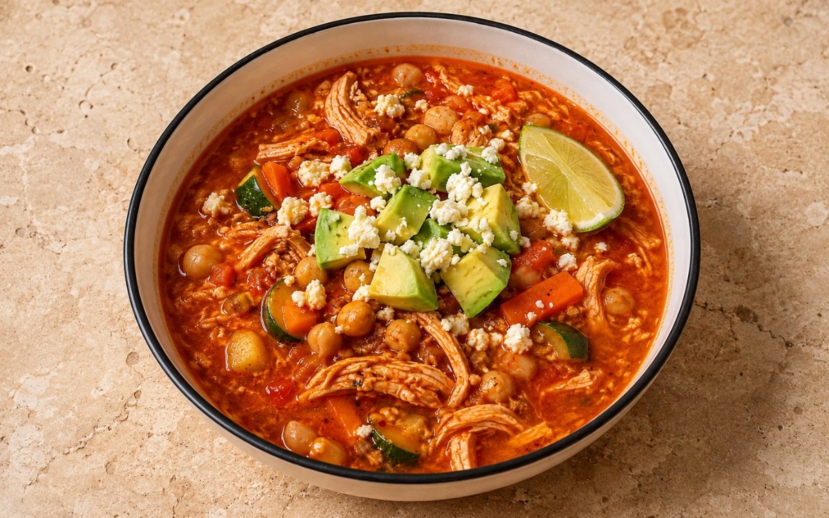 Bowl of Caldo Tlalpeño showing shredded chicken, chickpeas, carrots, and zucchini in a golden-red chipotle broth, topped with diced avocado and crumbled queso fresco, on marble surface