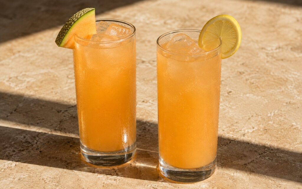 glasses of soft orange cantaloupe lemonade with cantaloupe wedges and lemon wheels floating in ice, on marble surface