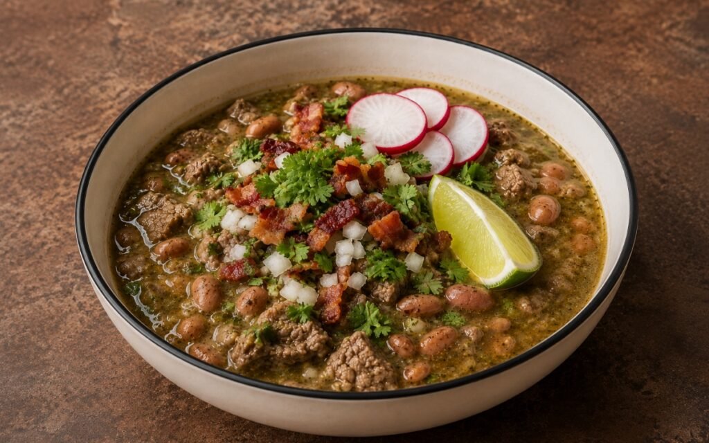Bowl of carne en su jugo showing finely chopped beef and pinto beans in a savory green-brown tomatillo broth, topped with crispy bacon, diced onion, cilantro, and radish, on marble surface