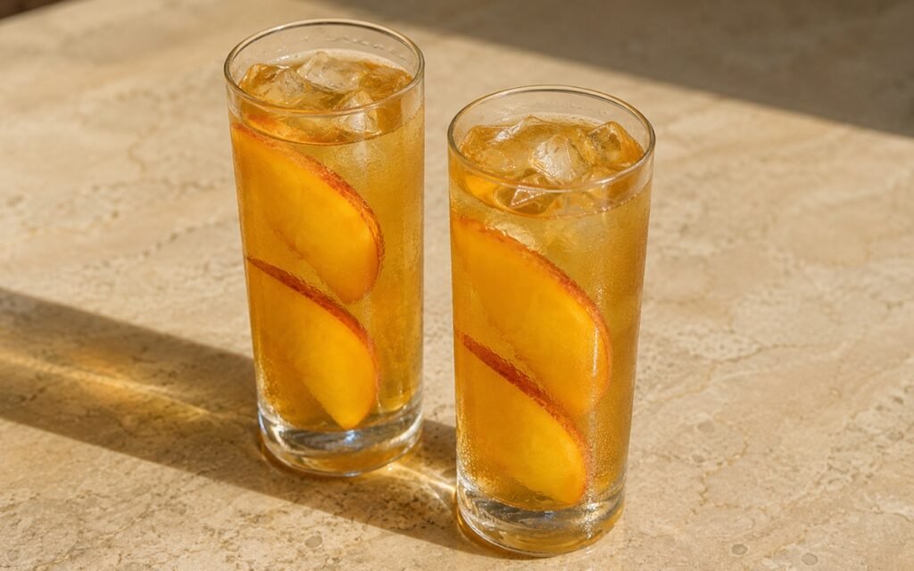 glasses of chamomile peach iced tea with fresh peach slices, on marble surface