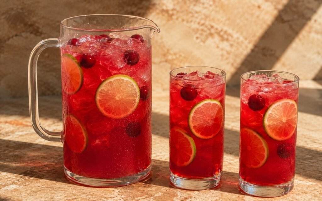 Pitcher of vivid red cherry limeade showing whole cherries and lime slices, served over ice, on marble surface