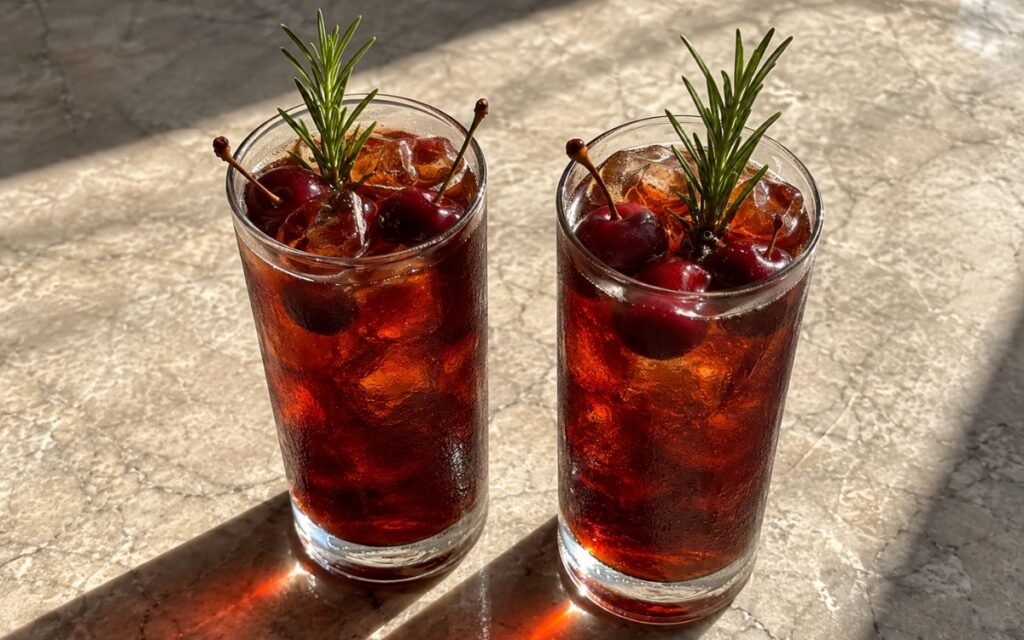 glasses of cherry rosemary black iced tea with fresh cherries and standing rosemary sprigs, on marble surface