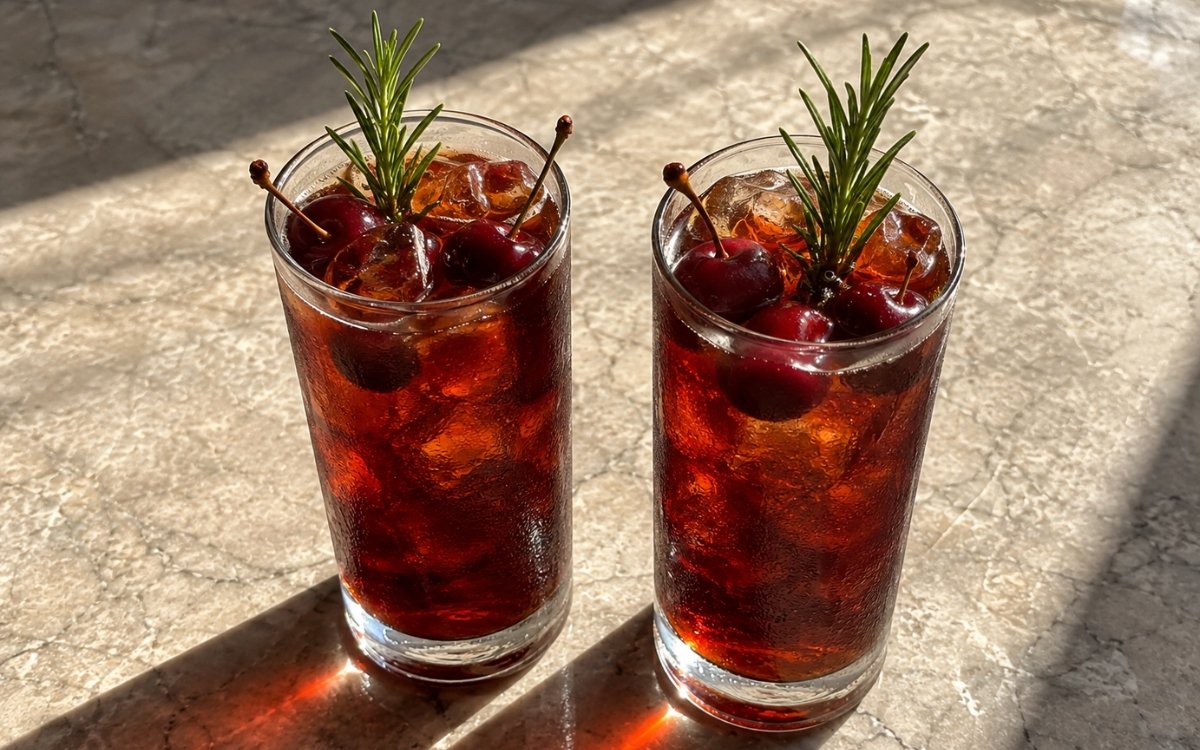 glasses of cherry rosemary black iced tea with fresh cherries and standing rosemary sprigs, on marble surface