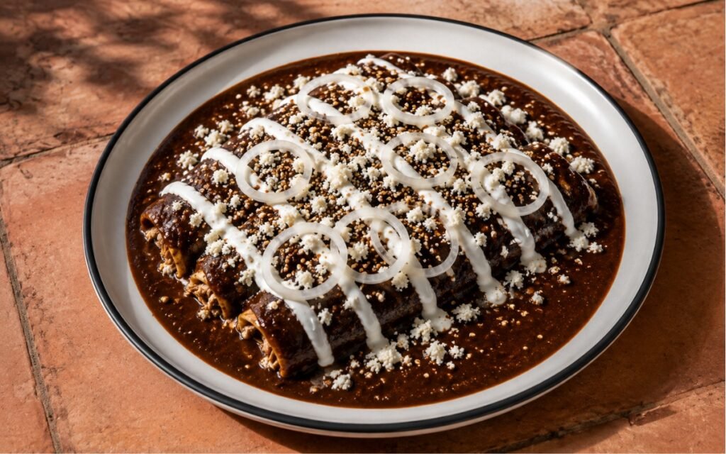 Chicken enmoladas showing folded corn tortillas coated in glossy red-brown mole poblano, topped with crema, crumbled queso fresco, sesame seeds, and thin onion rings on marble surface