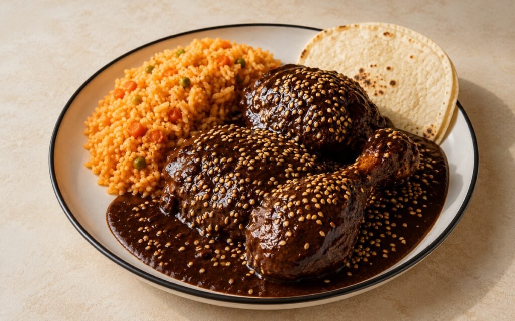 Chicken mole poblano showing tender chicken pieces coated in glossy deep red-brown mole sauce, topped with toasted sesame seeds, served with Mexican rice and warm tortillas on marble surface