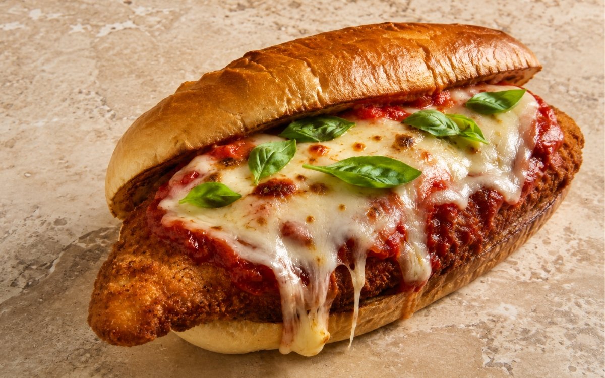 Chicken parm hero showing a crispy fried chicken cutlet extending beyond a toasted hoagie roll, topped with bubbling melted mozzarella, marinara, and fresh basil, on marble surface
