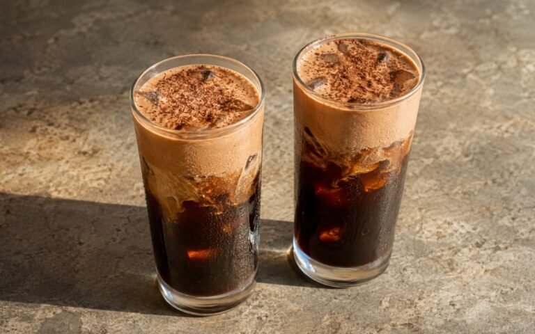 Chocolate cream cold brew in a tall glass showing a thick pale chocolate-brown foam floating over dark cold brew coffee, on marble surface