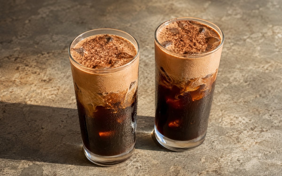 Chocolate cream cold brew in a tall glass showing a thick pale chocolate-brown foam floating over dark cold brew coffee, on marble surface