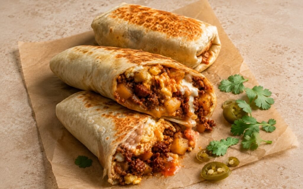 Chorizo breakfast burritos showing glossy red-orange chorizo, soft eggs, crispy potatoes, and melted cheese in a toasted flour tortilla, on marble surface