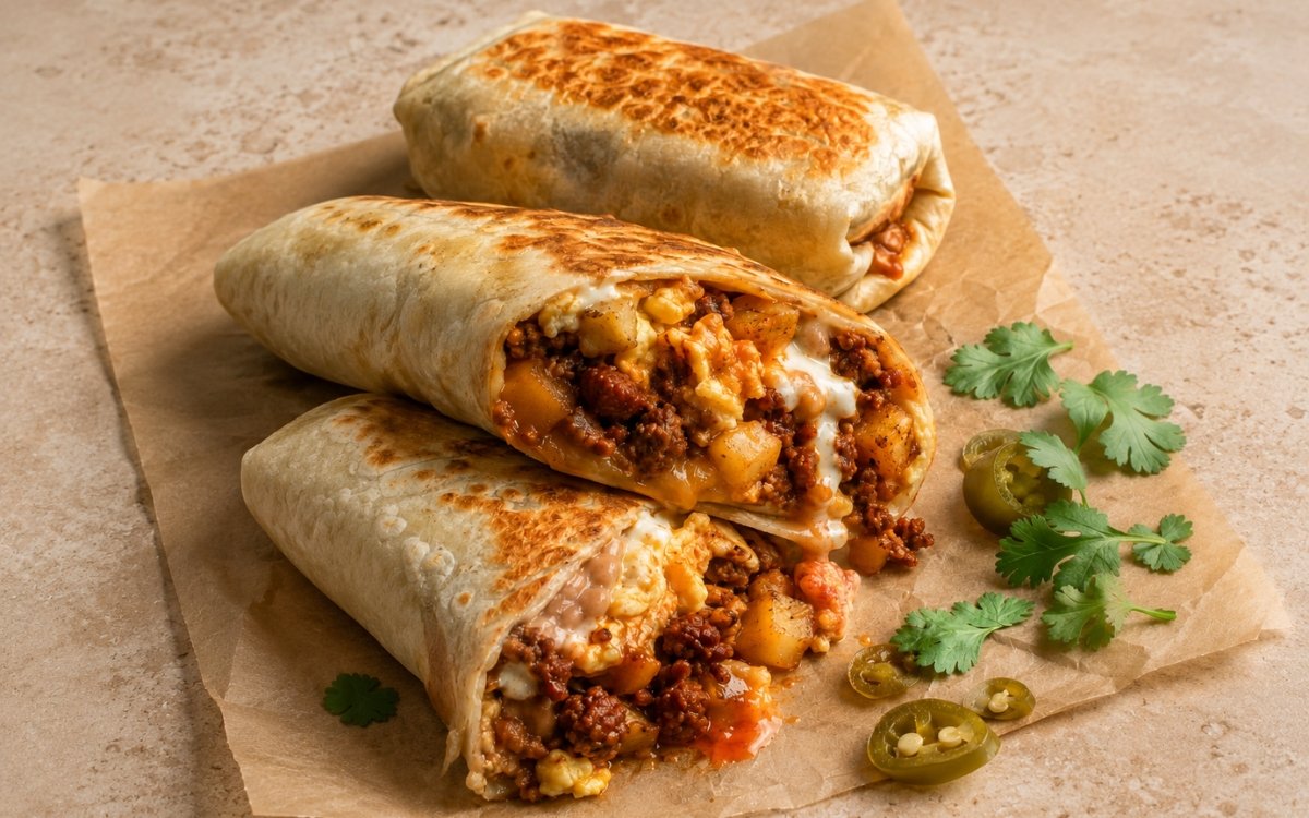 Chorizo breakfast burritos showing glossy red-orange chorizo, soft eggs, crispy potatoes, and melted cheese in a toasted flour tortilla, on marble surface
