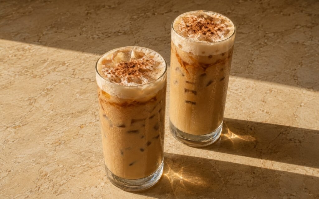 Cinnamon dolce iced latte in a tall glass showing pale caramel-beige milk with espresso swirled through and optional whipped cream dusted with cinnamon sugar, on marble surface