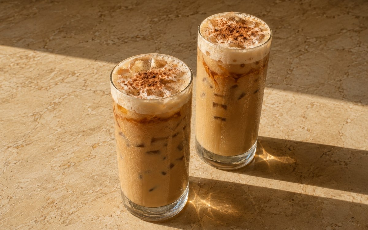 Cinnamon dolce iced latte in a tall glass showing pale caramel-beige milk with espresso swirled through and optional whipped cream dusted with cinnamon sugar, on marble surface
