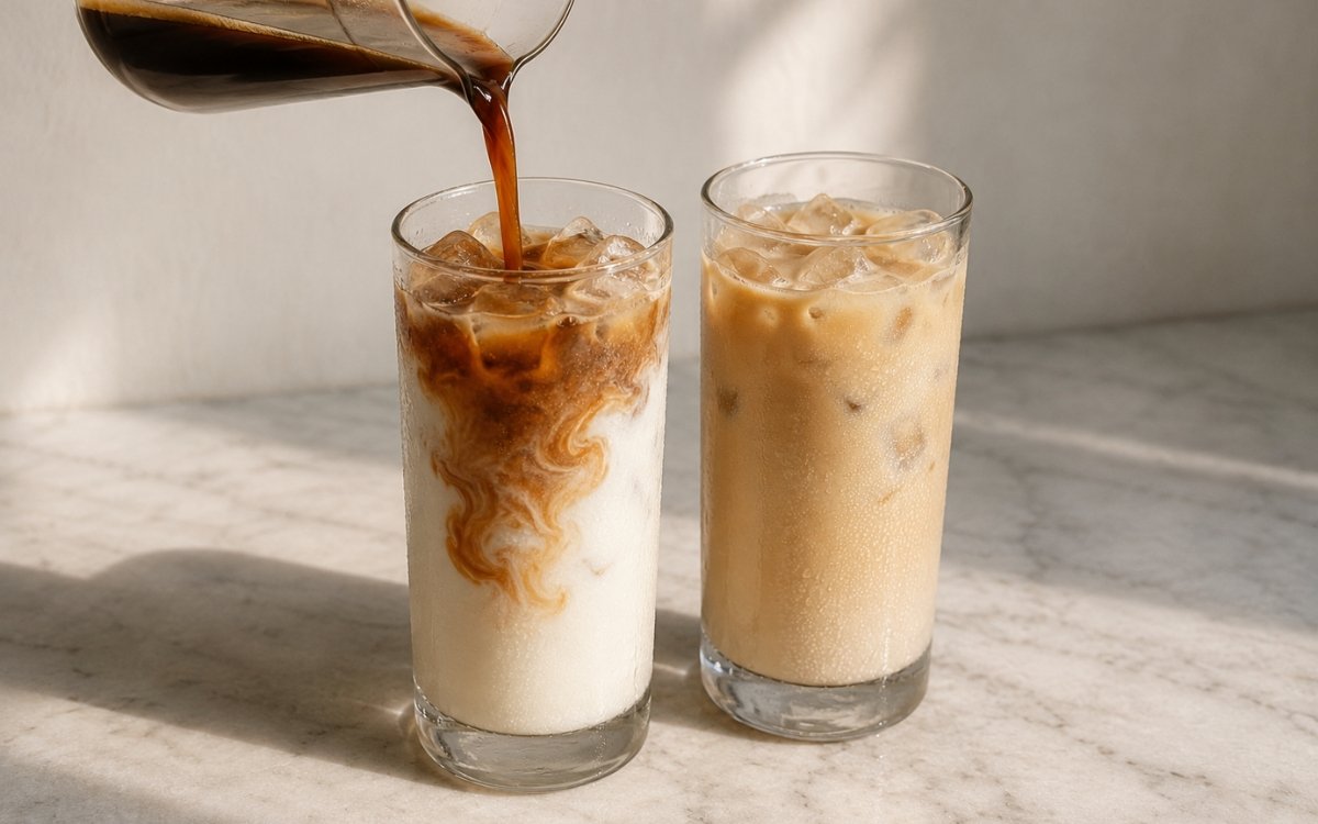 Classic iced latte in a tall glass showing dark espresso ribbons swirling through cold milk and ice before being stirred, on marble surface