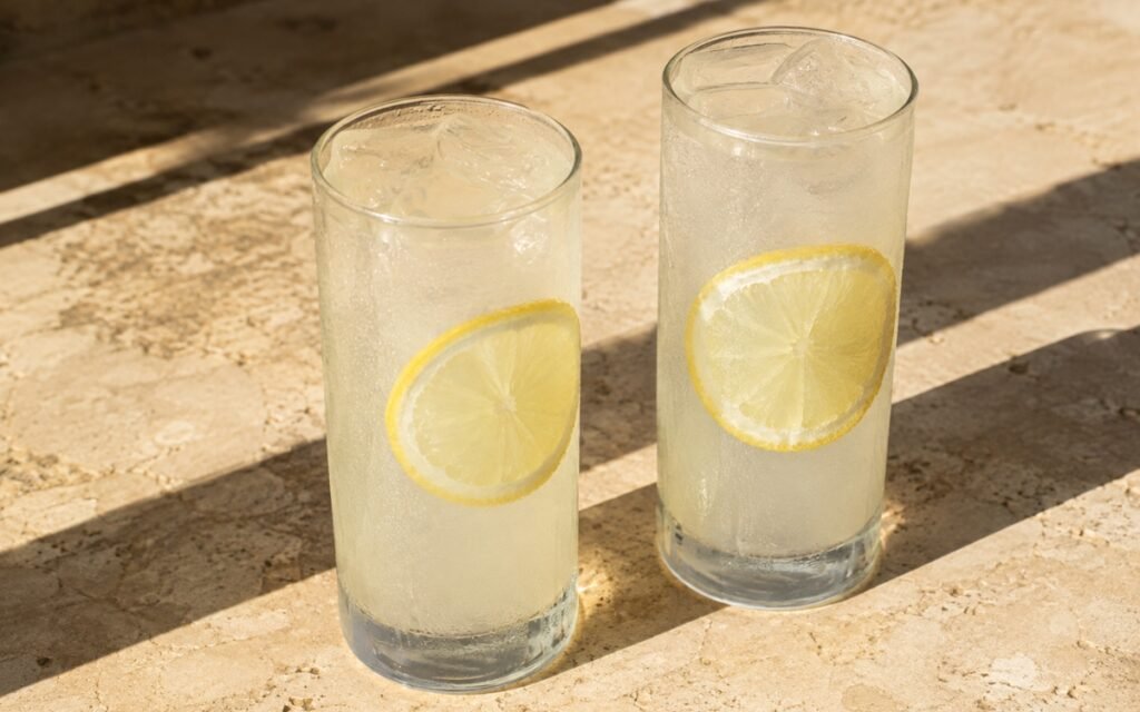 glasses of pale, nearly-clear coconut lemonade with lemon wheels floating in ice, on marble surface