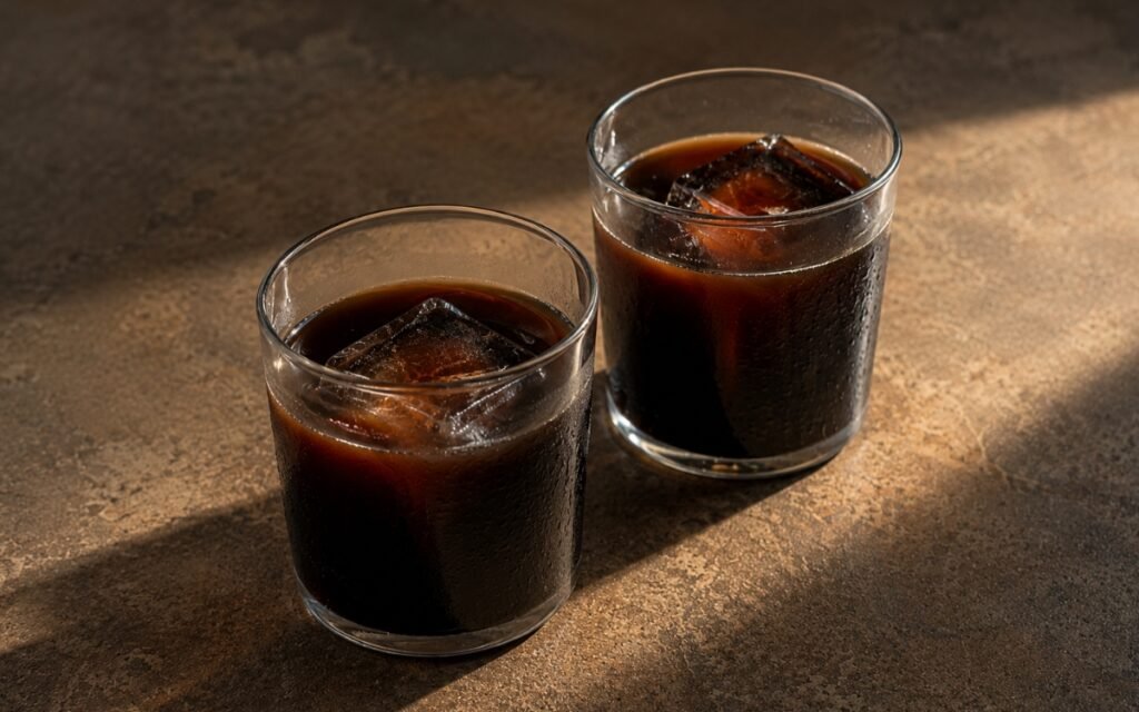 Glass of cold brew coffee showing deep dark brown coffee poured over a single large clear ice cube, on marble surface