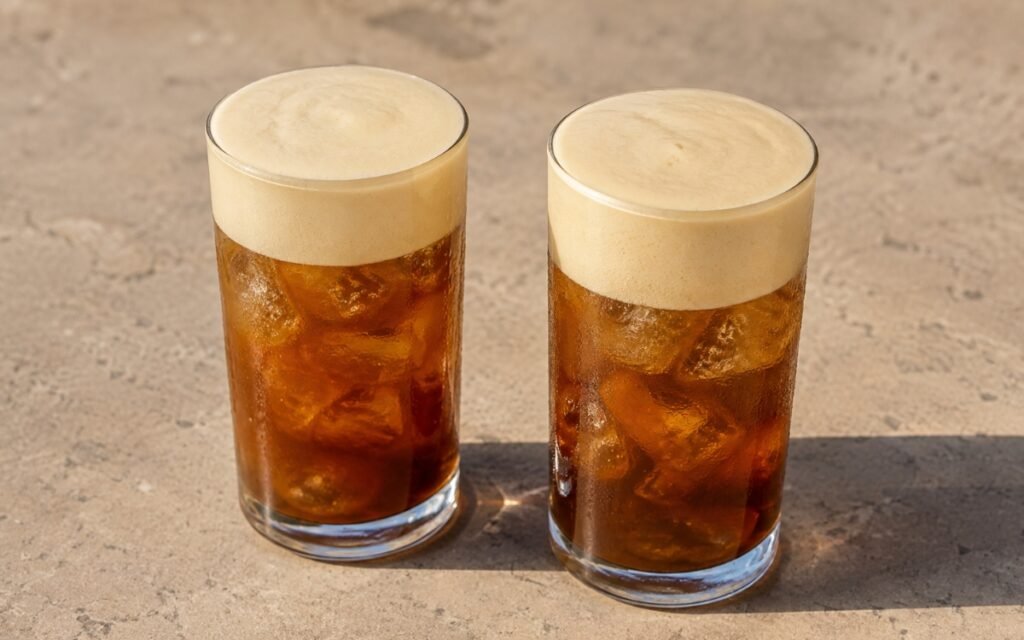 Cold foam iced coffee in a tall glass showing a near-black coffee base with a thick, dense white cold foam layer floating clearly on top, on marble surface
