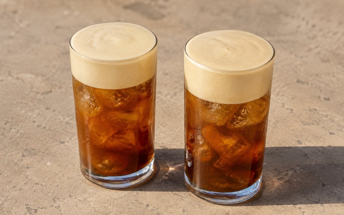 Cold foam iced coffee in a tall glass showing a near-black coffee base with a thick, dense white cold foam layer floating clearly on top, on marble surface