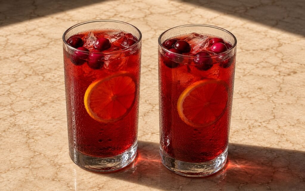 glasses of deep vivid red cranberry lemonade with lemon wheels and floating fresh cranberries, on marble surface