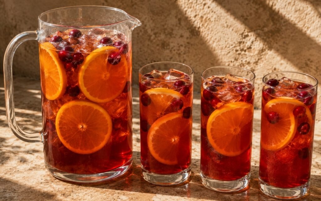 Pitcher of deep red-amber cranberry orange iced tea showing orange wheels and whole cranberries, served over ice, on marble surface