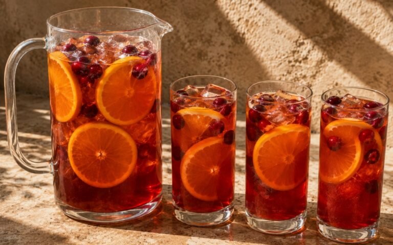 Pitcher of deep red-amber cranberry orange iced tea showing orange wheels and whole cranberries, served over ice, on marble surface