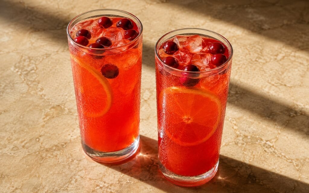 glasses of vivid red-orange cranberry orange lemonade with orange wheels and whole cranberries, on marble surface