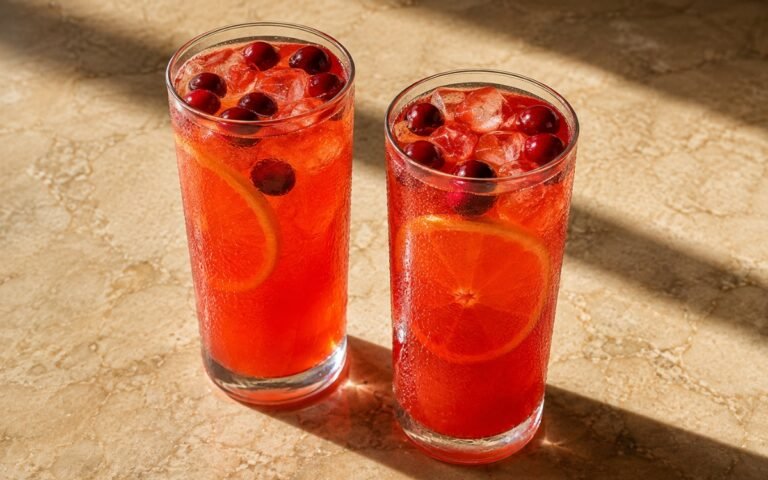 glasses of vivid red-orange cranberry orange lemonade with orange wheels and whole cranberries, on marble surface