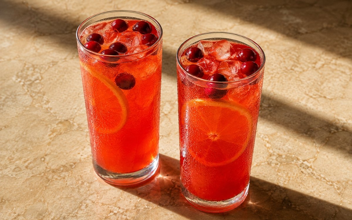 glasses of vivid red-orange cranberry orange lemonade with orange wheels and whole cranberries, on marble surface