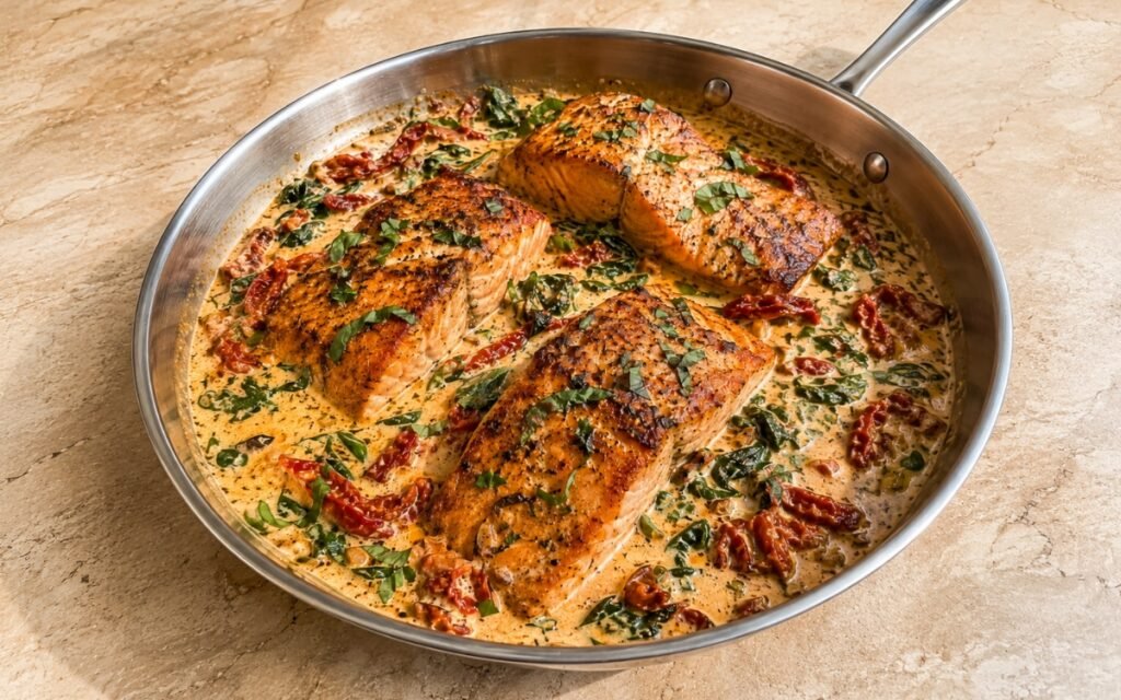 Creamy Tuscan salmon showing seared salmon fillets in a glossy garlic Parmesan cream sauce with sun-dried tomatoes and spinach, on marble surface