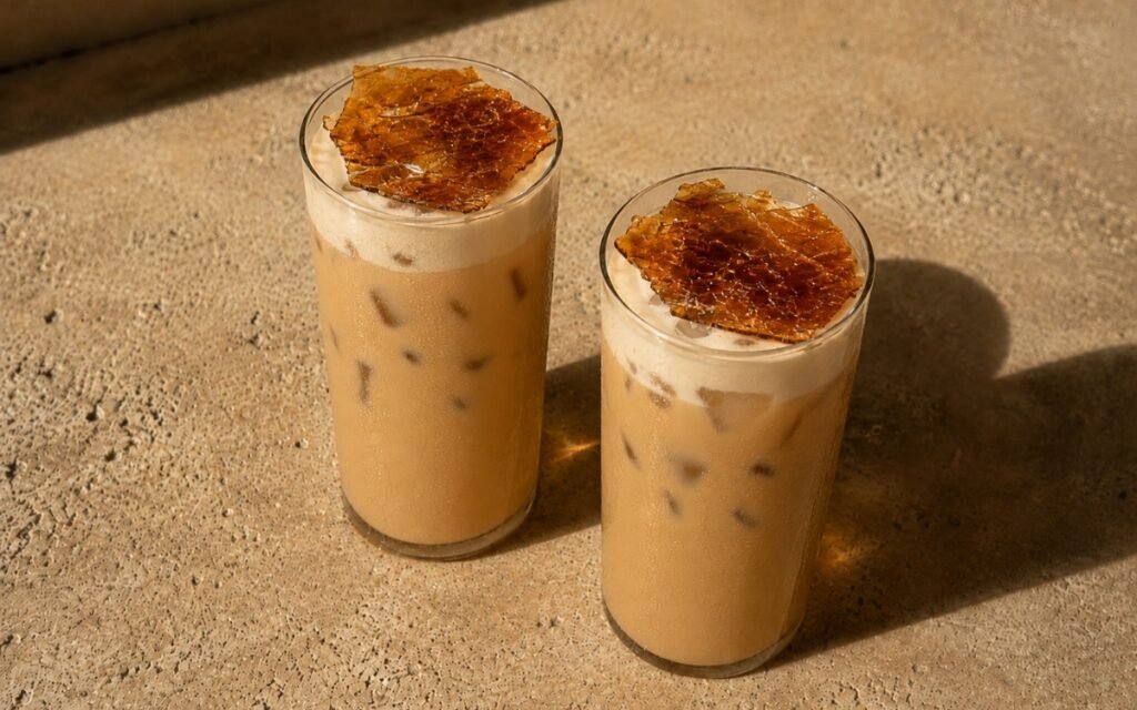 Crème brûlée iced latte in a tall glass showing a pale caramel-beige latte topped with a soft vanilla cream cap and a crackled amber sugar sheet, on marble surface