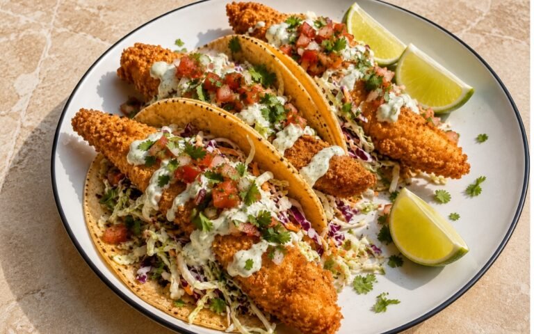 Crispy fish tacos showing golden fried fish, cabbage slaw, lime crema, and pico de gallo in corn tortillas, on marble surface