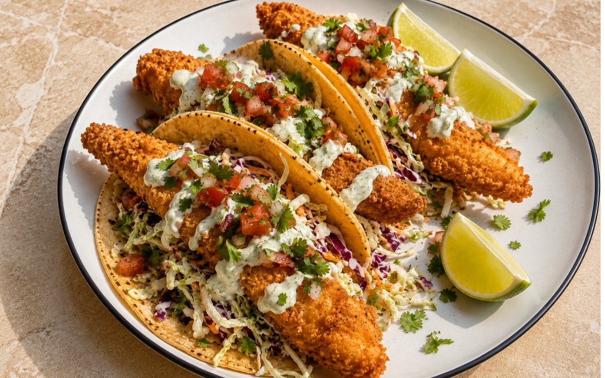 Crispy fish tacos showing golden fried fish, cabbage slaw, lime crema, and pico de gallo in corn tortillas, on marble surface