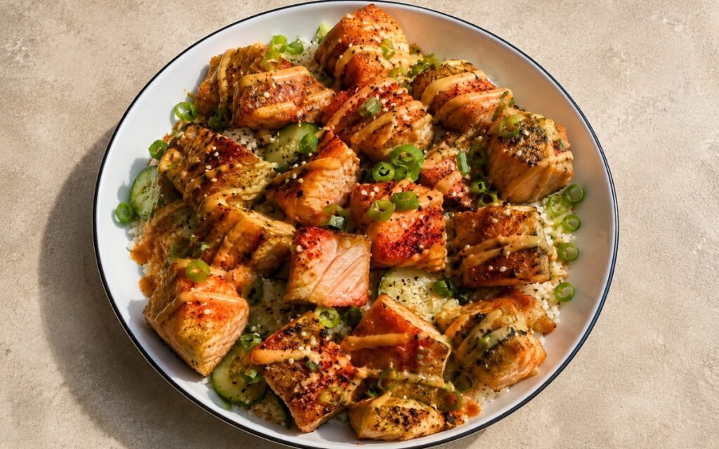 Crispy salmon bites over jasmine rice with cucumber, scallions, sesame seeds, and spicy mayo drizzle, on marble surface
