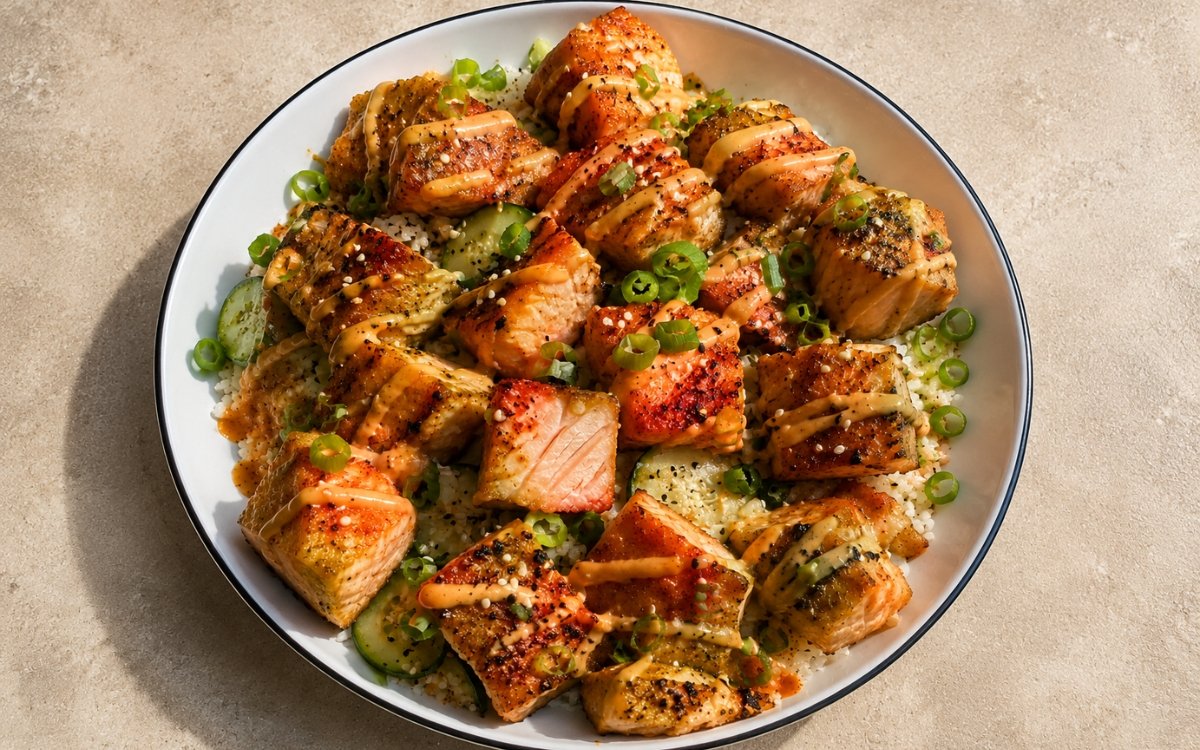 Crispy salmon bites over jasmine rice with cucumber, scallions, sesame seeds, and spicy mayo drizzle, on marble surface