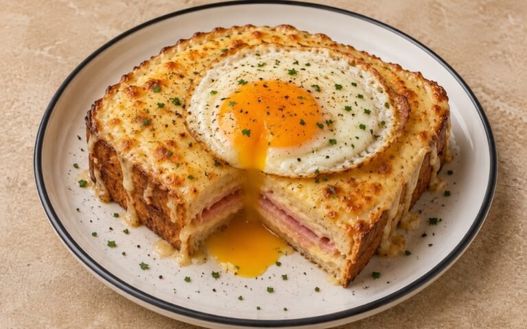 Croque Madame showing melted Gruyère and béchamel over ham on toasted bread, topped with a fried egg, on marble surface