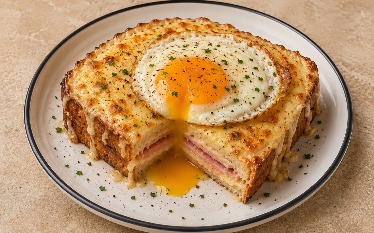Croque Madame showing melted Gruyère and béchamel over ham on toasted bread, topped with a fried egg, on marble surface