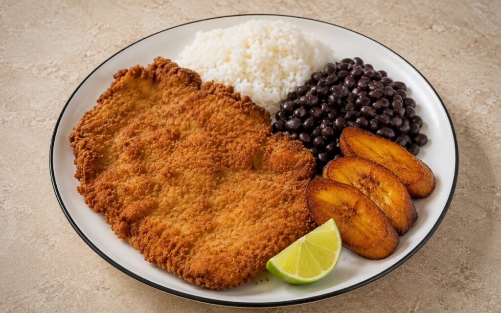 Cuban bistec empanizado showing a crispy golden breaded beef cutlet served with white rice, black beans, and sweet fried plantains, on marble surface
