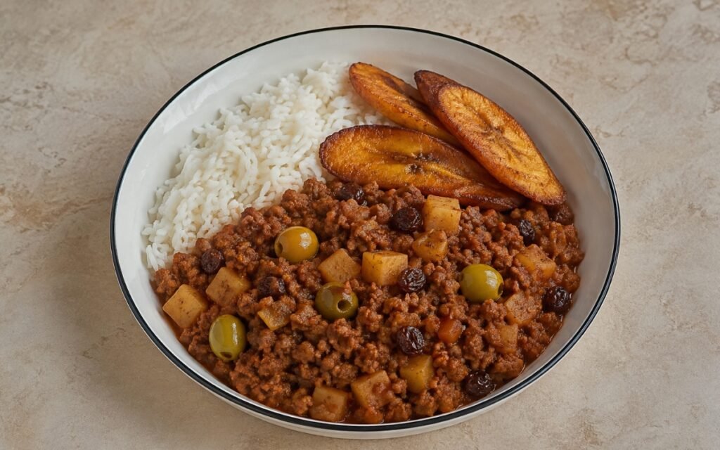Cuban picadillo showing seasoned ground beef in a rich tomato sauce with green olives, raisins, and diced potato, served with white rice and fried plantains, on marble surface