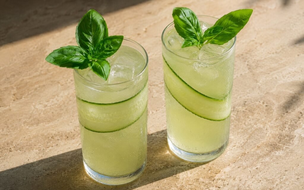 glasses of pale green cucumber basil lemonade with cucumber ribbons and basil sprigs, on marble surface