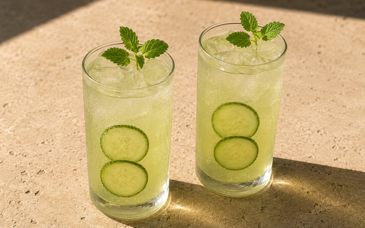 glasses of cucumber lemon balm green iced tea with cucumber rounds and lemon balm sprigs, on marble surface