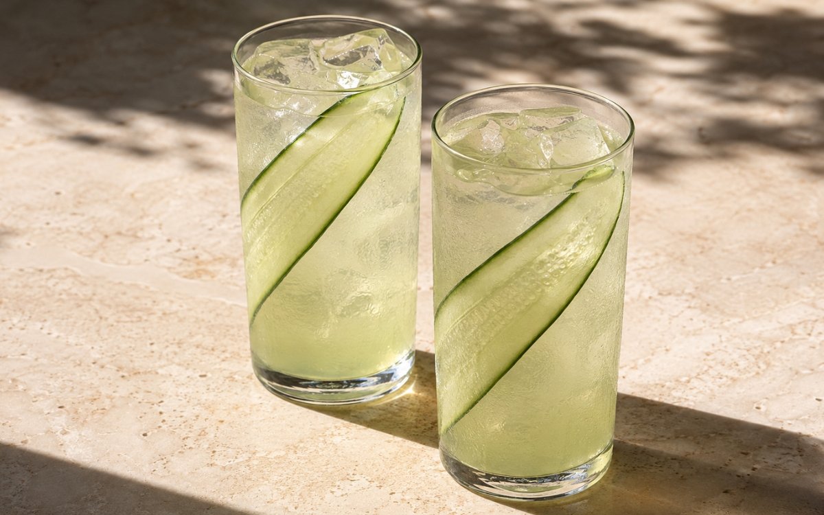 glasses of pale green cucumber lemonade with cucumber ribbons pressed against the glass, on marble surface