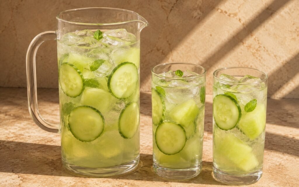 Pitcher of cucumber melon infused water showing cucumber slices, honeydew chunks, and mint leaves, served over ice, on marble surface