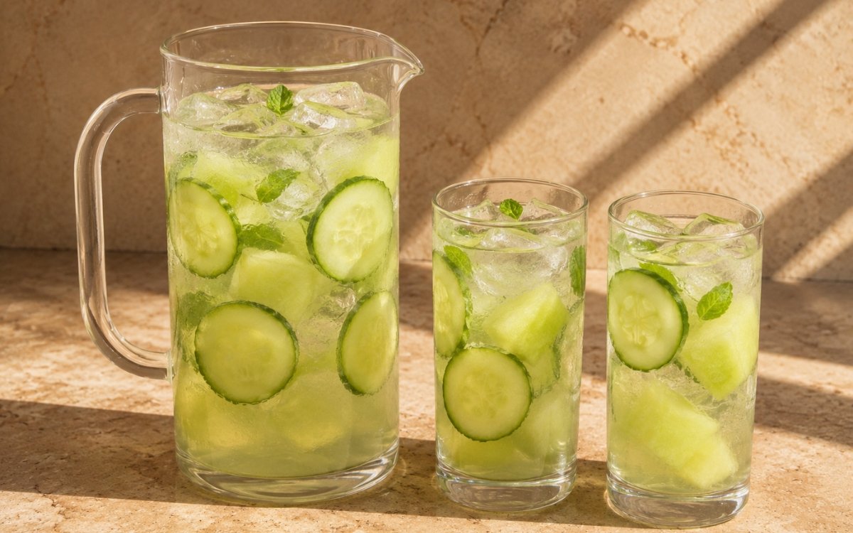Pitcher of cucumber melon infused water showing cucumber slices, honeydew chunks, and mint leaves, served over ice, on marble surface