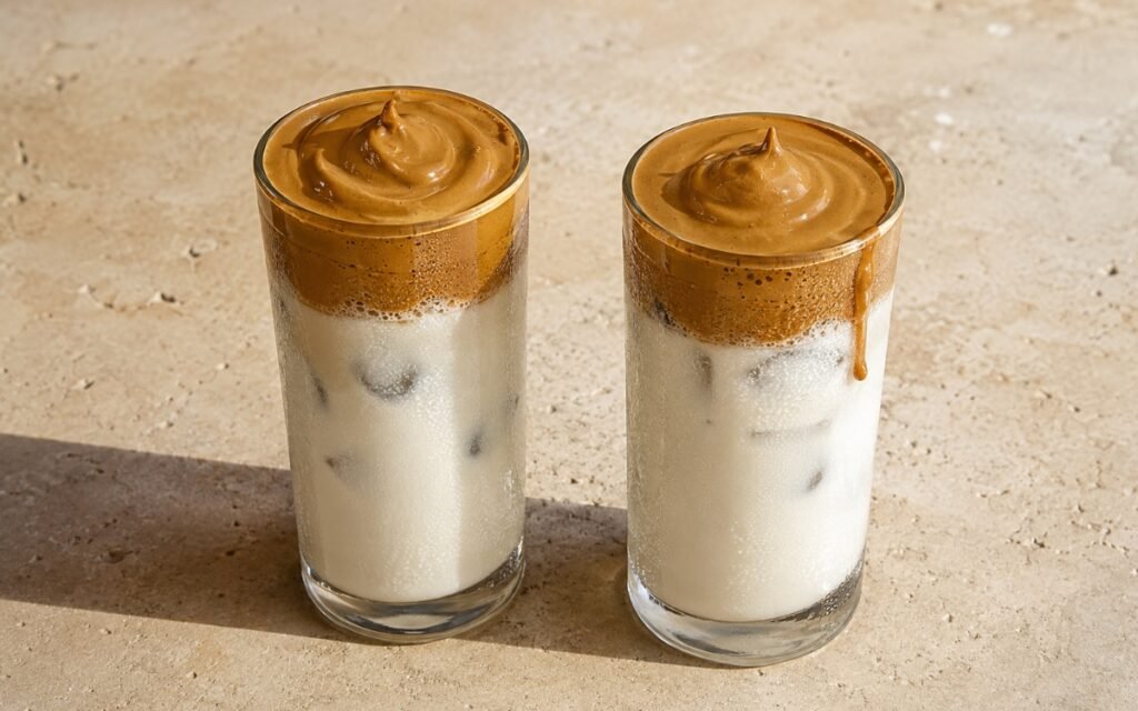 Dalgona whipped coffee in a glass showing a thick, dense golden-brown coffee foam sitting distinctly above cold milk and ice, on marble surface