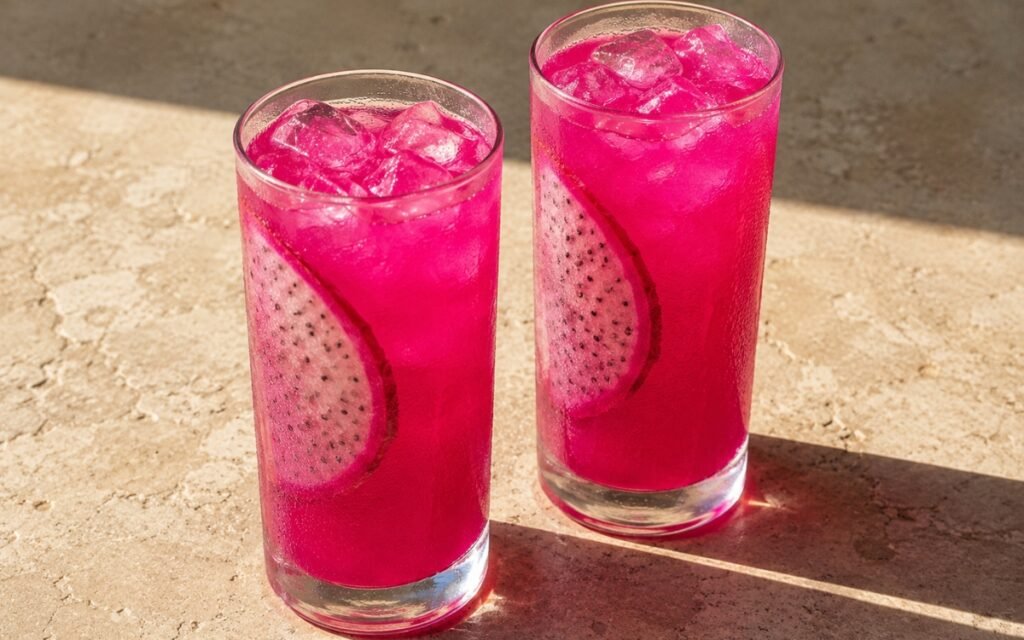 glasses of vivid magenta-pink dragon fruit lemonade with thin dragon fruit slices, on marble surface