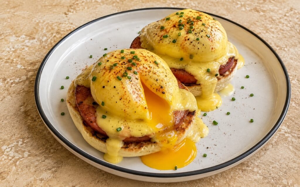 Eggs Benedict showing toasted English muffin halves topped with ham, poached eggs, and glossy hollandaise sauce with chives, on marble surface