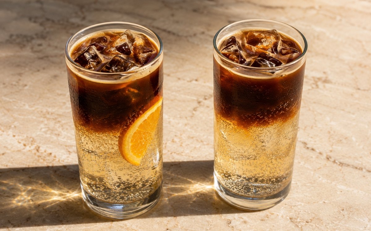 Espresso tonic mocktail in a glass showing dark espresso layered over bright, effervescent tonic water and ice, garnished with an orange slice, on marble surface