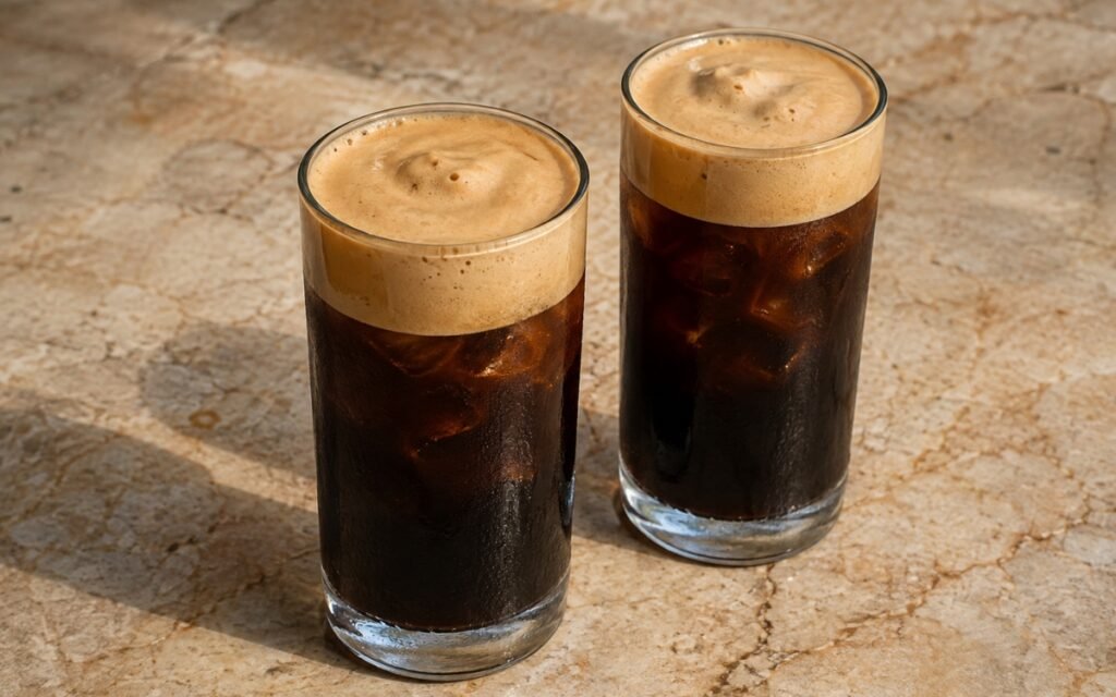 Freddo Espresso in a tall glass showing dark chilled espresso over ice with a thick light-brown foam cap, on marble surface