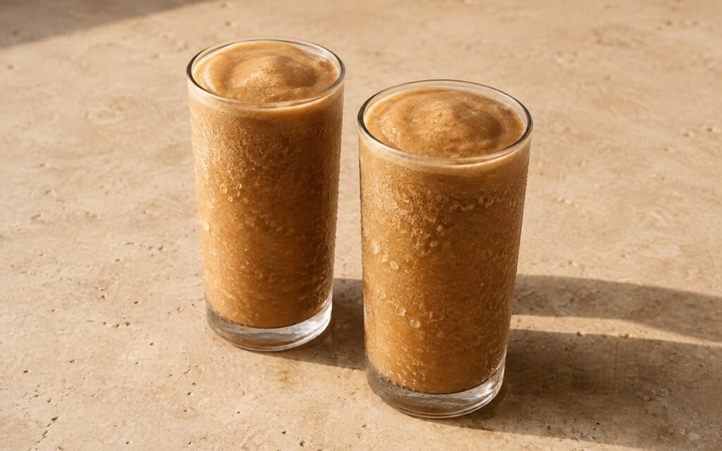 Frozen coffee slushie in a tall glass showing thick, coarse, icy dark coffee texture with a straw, on marble surface