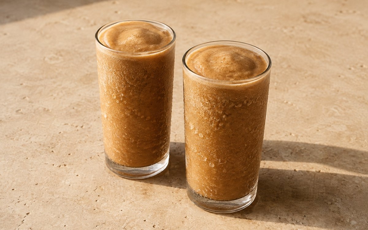 Frozen coffee slushie in a tall glass showing thick, coarse, icy dark coffee texture with a straw, on marble surface